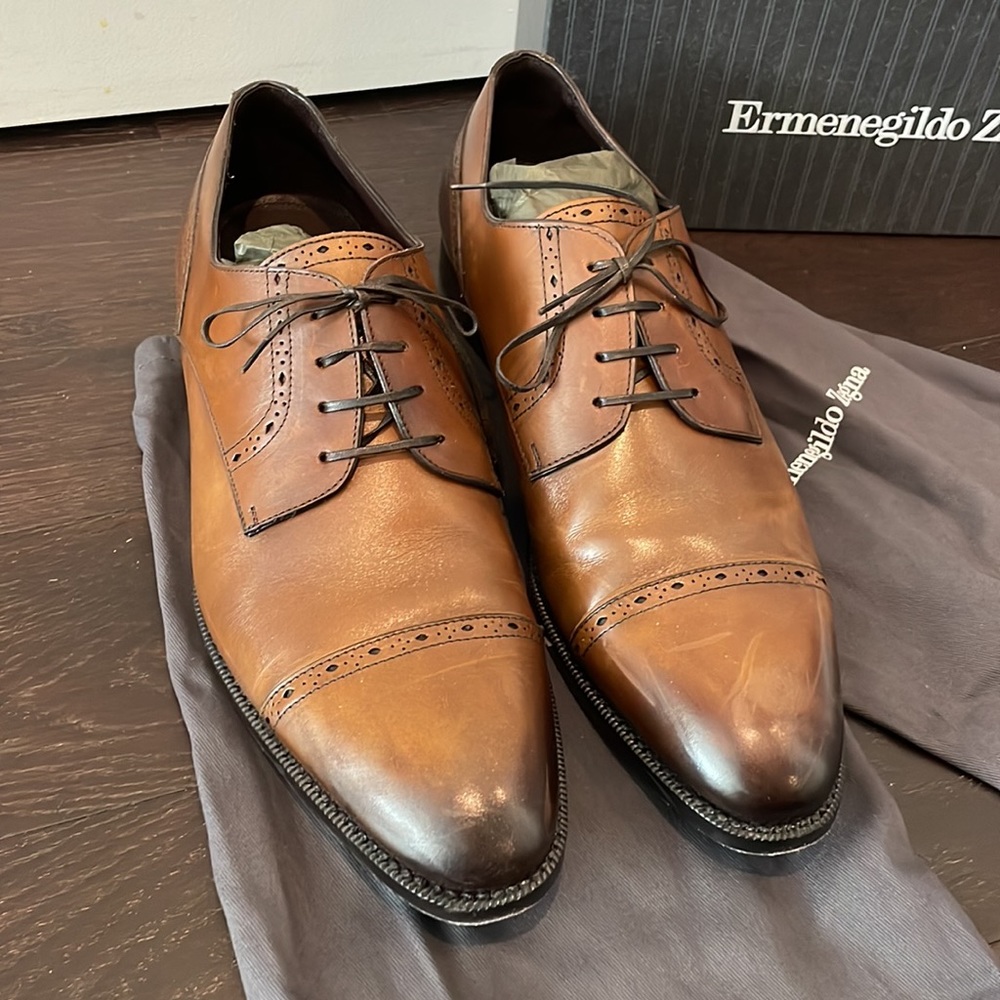 Ermenegildo Zegna Derby Captoe Medium Brown Shoes Size 12 US 11 EU